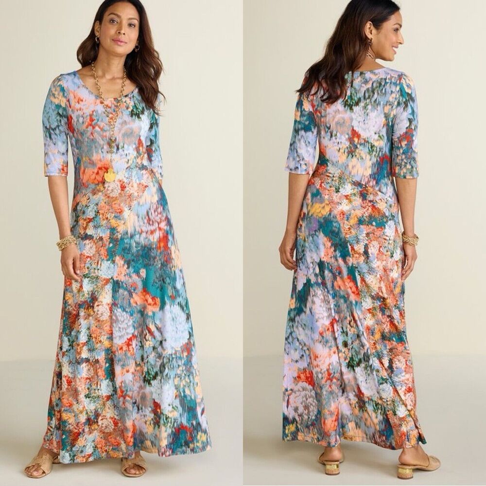 Soft Sorroundings Womens Maxi Dress L Floral Stretch Boho Romantic Cottagecore